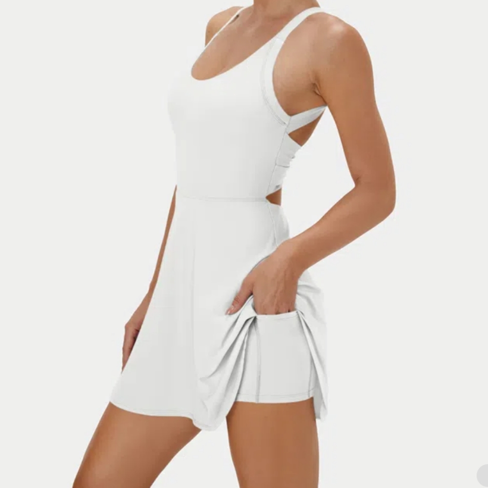 HALARA Activewear Dress White Mini Stretch Built in Shorts Pockets Dance…